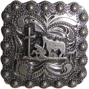 Showman™  Brushed Nickel Engraved Concho with Praying Cowboy
