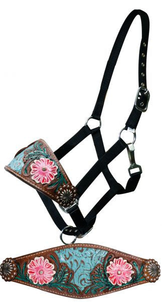 Showman Adjustable nylon bronc halter filigree inlay and painted floral tooled noseband