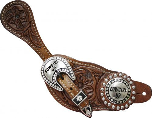Showman ®  Showman Floral Tooled Leather Spur Straps with " Cowgirl Up" Conchos and Buckles.