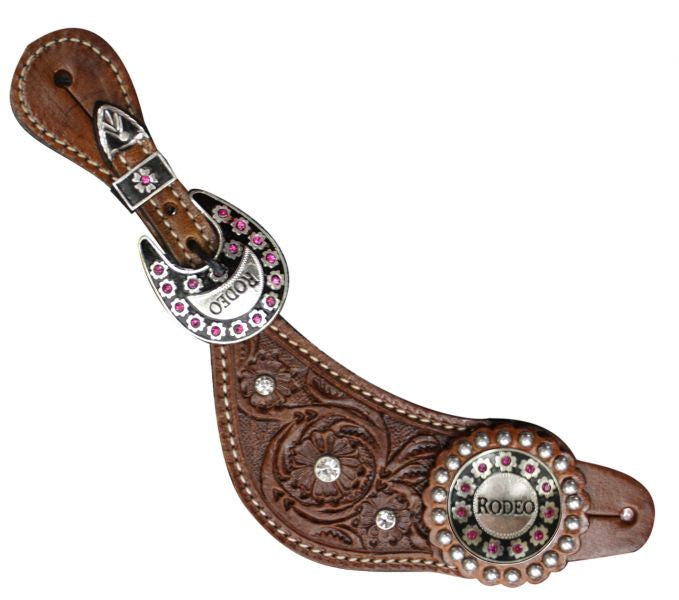 Showman ®  Showman Floral Tooled Leather Spur Straps with "Rodeo" Conchos and Buckles.