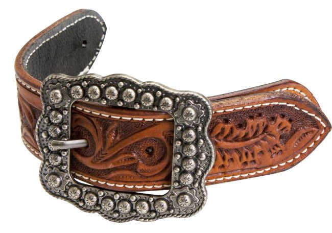 Showman ® Argentina cow leather floral tooled belt spur straps.