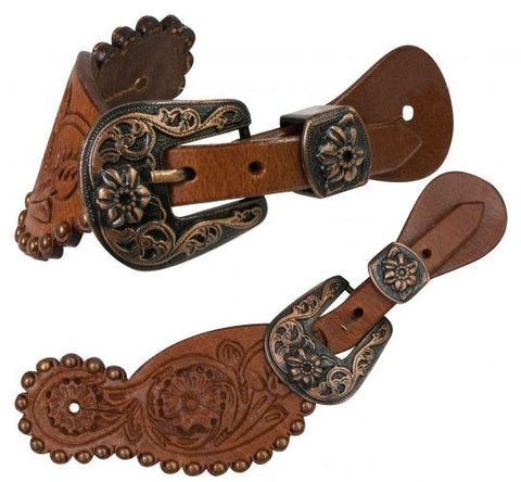 Showman ® Ladies size floral tooled spur straps with antique engraved brushed copper buckles.
