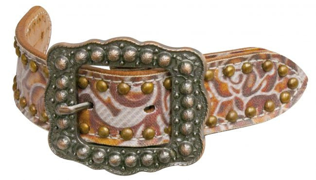 Showman ® Argentina cow leather filigree print belt spur straps.