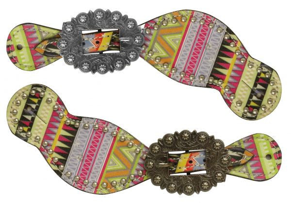 Showman ® Ladies size spur straps with multi color aztec design.