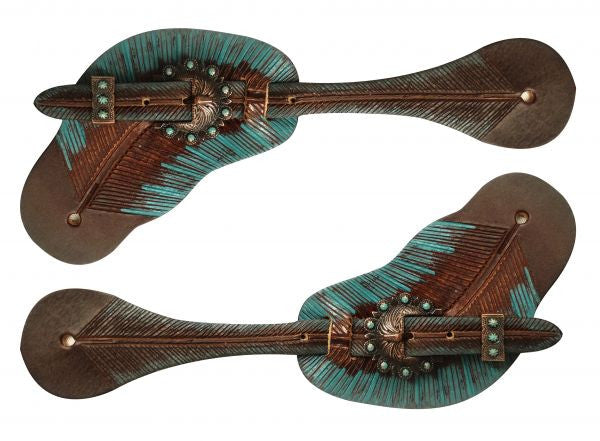 Showman® Teal and copper painted feather spur straps. Adjusts 9.5" -7".