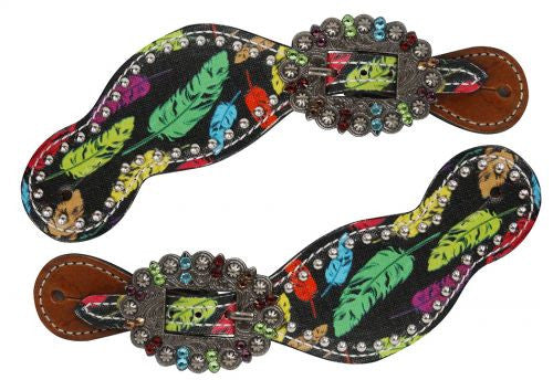 Showman ® Ladies Size Leather Spur Straps with feather print.