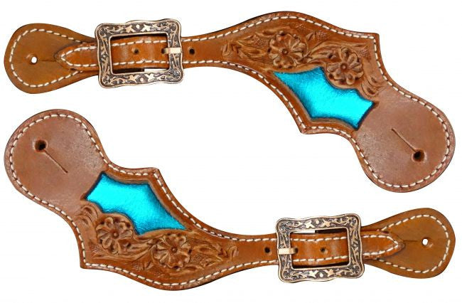 Showman ® Ladies size Teal metallic inlay spur straps.