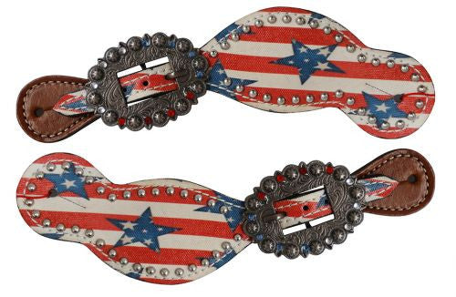 Showman ® Ladies Size Leather Spur Straps with stars and stripes print.