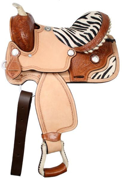 12" Double T youth saddle with zebra print seat and skirts. CLEARANCE