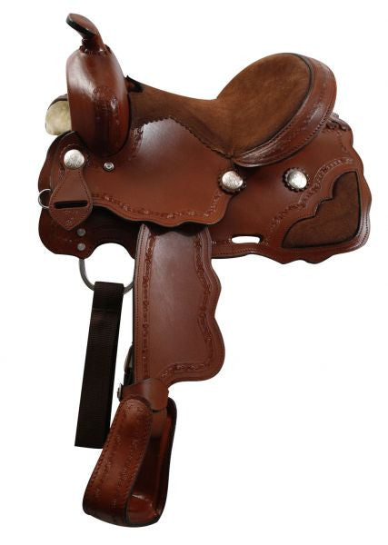 12" Economy style saddle with brown suede leather seat.