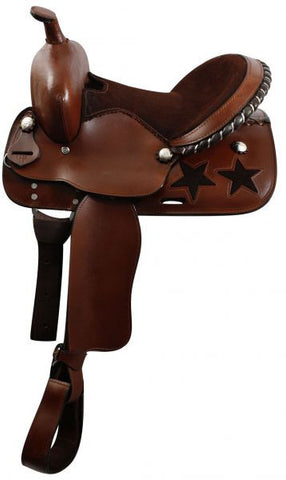 13" Youth saddle with suede leather seat. Saddle features cut out stars on the skirts, a silver laced cantle, and silver conchos.