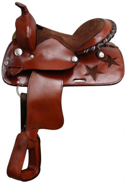 12" Pony saddle with silver laced  cantle. Saddle features cut out star on skirt with silver conchos.