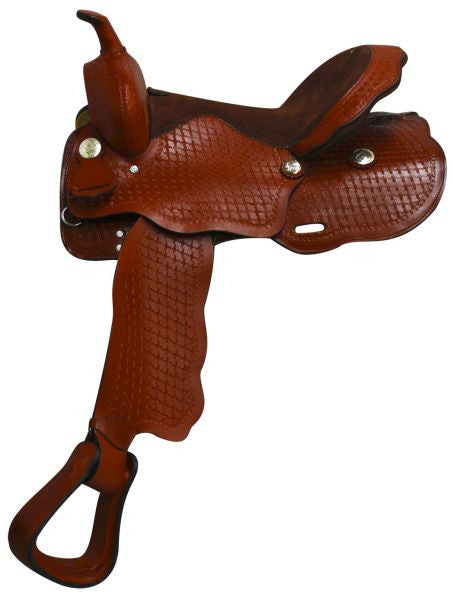 16" Fully Tooled Economy style western saddle with suede leather seat.