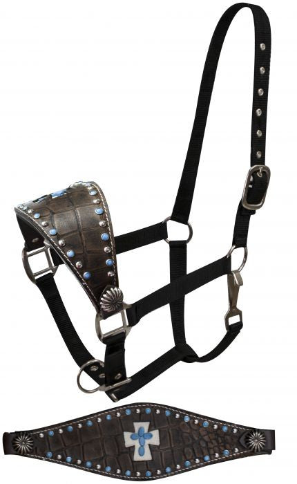 Showman FULL SIZE Bronc halter with alligator print noseband and hair on cross inlay