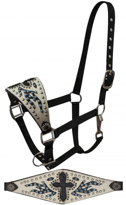 Showman FULL SIZE Bronc halter white leather and alligator cross inlay