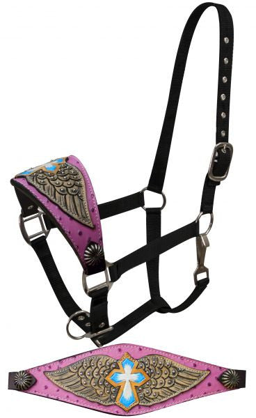 Showman FULL SIZE Bronc halter with a pink faux ostrich leather and painted cross with wings
