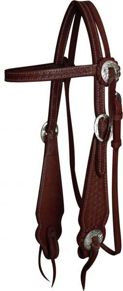 Showman™ Basketweave tooled wide cheek leather headstall with reins.