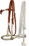 Showman™  leather futurity knot rawhide wrapped show bosal with cotton mecate reins.