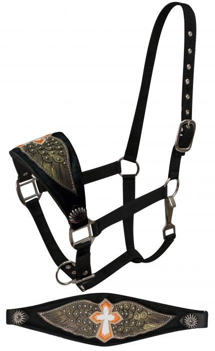 Showman FULL SIZE Bronc halter with a black hair on cowhide and painted cross with wings