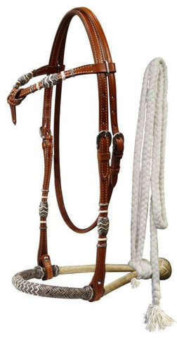 Showman™  leather futurity knot rawhide braided show bosal with mecate reins.