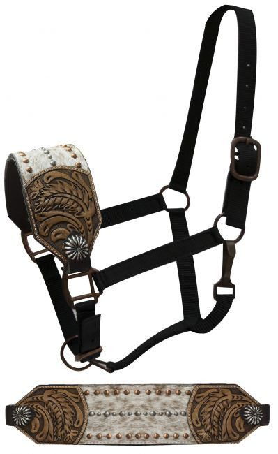 Showman FULL SIZE Bronc halter with hair on noseband accented with floral tooling on sides