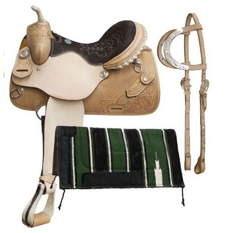 14", 15", 16" Double T  Argentina cow leather barrel style saddle package with basket weave tooling and knife pocket.