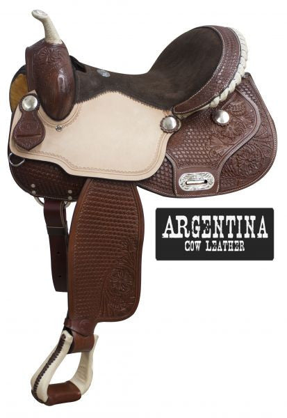 14" Double T  Argentina cow leather barrel style saddle with basket weave tooling.