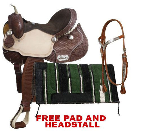 14" Double T  Argentina cow leather barrel style saddle package with basket weave tooling.