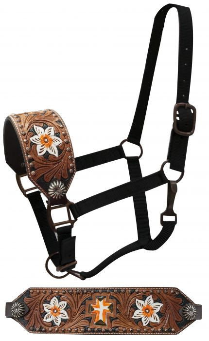 Showman FULL SIZE Bronc halter with painted flowers and cross with filigree tooling