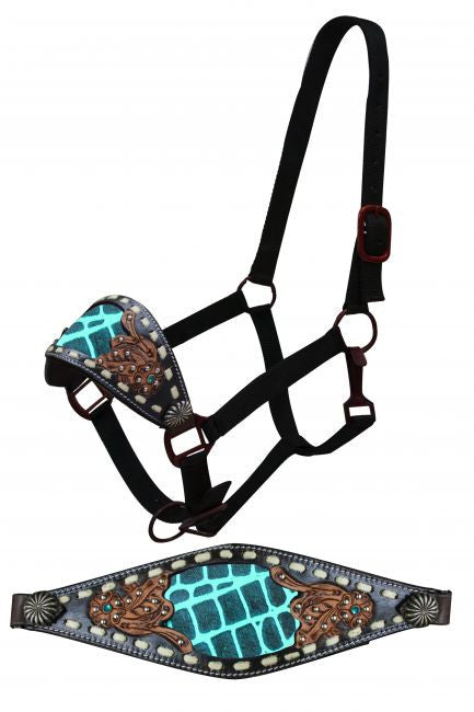 Showman FULL SIZE Black leather bronc halter with black and teal alligator print inlay