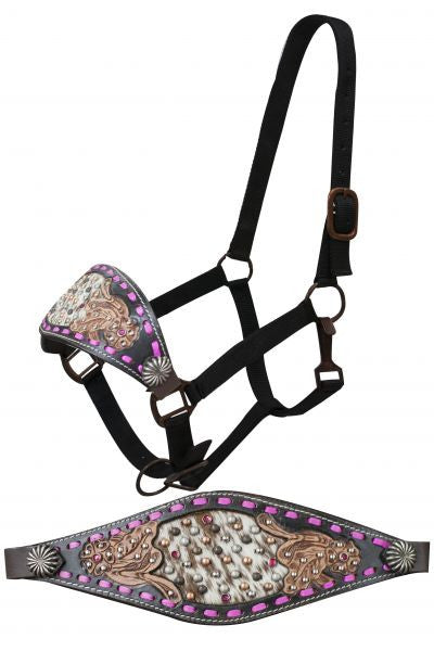 Showman FULL SIZE Black leather bronc halter with pink buck stitch and floral tooling with a hair on inlay