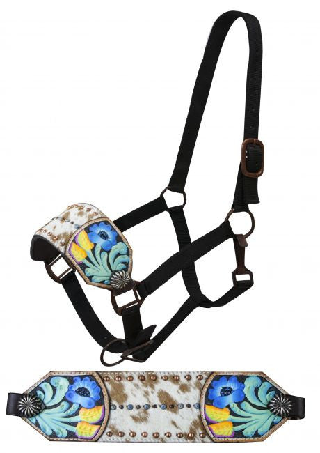 Showman FULL SIZE Bronc halter with hair-on cowhide inlay and painted floral tooling
