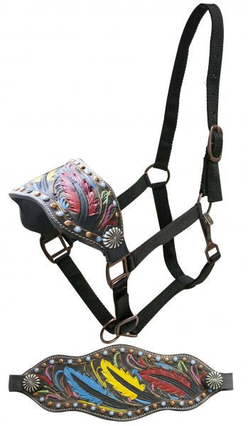 Showman FULL SIZE Leather bronc halter with tooled, painted feathers
