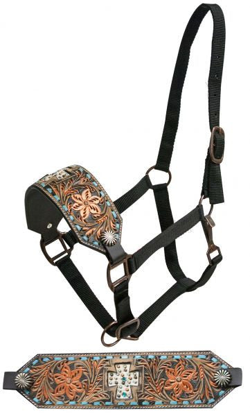 Showman FULL SIZE Leather bronc halter with copper painted floral tooling and cut out cross
