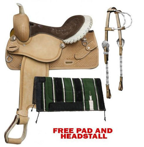 14", 15", 16" Double T  Argentina cow leather barrel style saddle with basket weave tooling.
