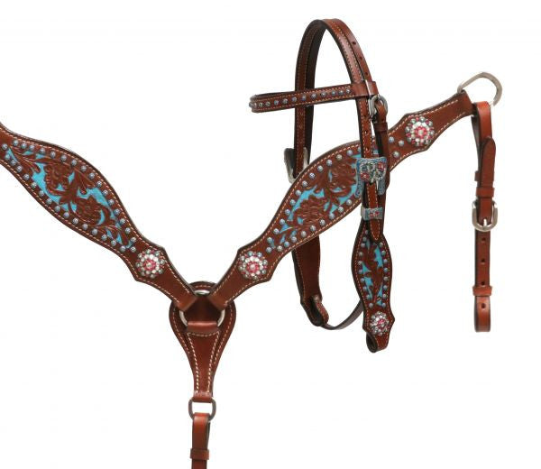 Showman ® PONY hand painted headstall and breast collar set with pink crystal rhinestones.