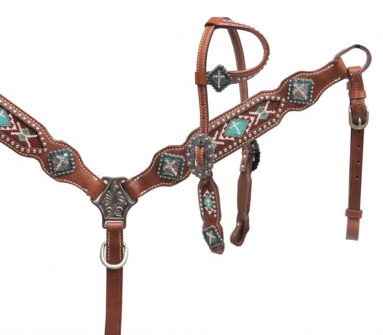 Showman ® PONY One ear headstall with teal beaded inlay.