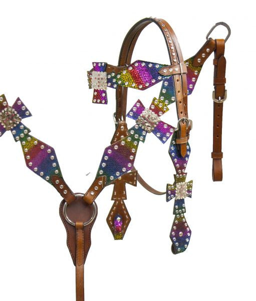 Showman ® Metallic rainbow snake headstall and breast collar set with cut out cross.