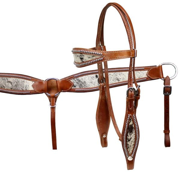 Showman® double stitched leather wide browband headstall and breast collar set with hair on cowhide print.