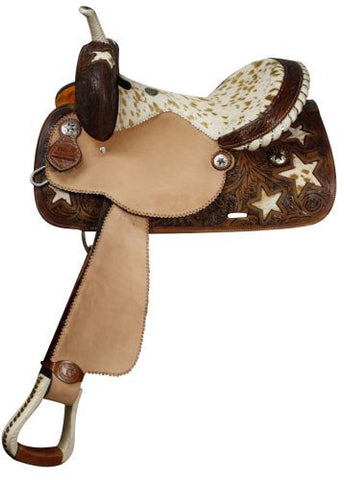 Double T Barrel Style Saddle with Hair On Cowhide Seat and Star Inlays.