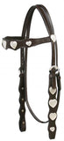 Leather headstall with engraved silver heart conchos on browband and cheeks.  Comes with 5' leather split reins.