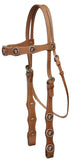Leather double stitched headstall with steer head conchos.