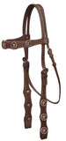 Leather double stitched headstall with steer head conchos.