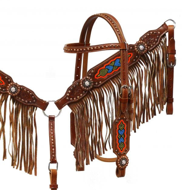 Showman ® Medium leather headstall and breast collar set with multi colored beaded design and fringe.