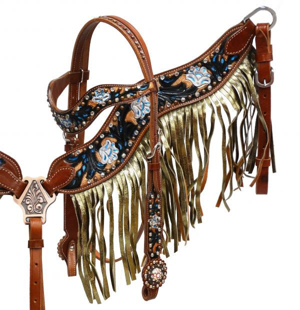 Showman ® Gold shimmer fringe headstall and breast collar set.