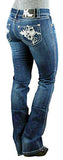 Rockin' Star boot cut denim jeans with embroiderd horse shoe pocket.