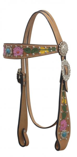 Showman ® Floral painted headstall with turquoise stone concho.