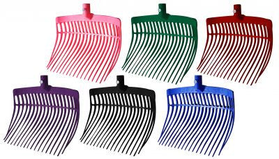 Showman™  stall fork replacement head. 18-tine fork made of durable plastic. Basket measures aprox. 16" wide 12" long and 2 " deep. Sold in color packs of 6. (Green, Red, Blue, Black, Pink, Purple) Hardware included.