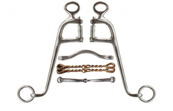 Showman ® stainless steel Walking horse bit with 10" cheeks. This bit comes with four 5" interchangeable mouth pieces as pictured.