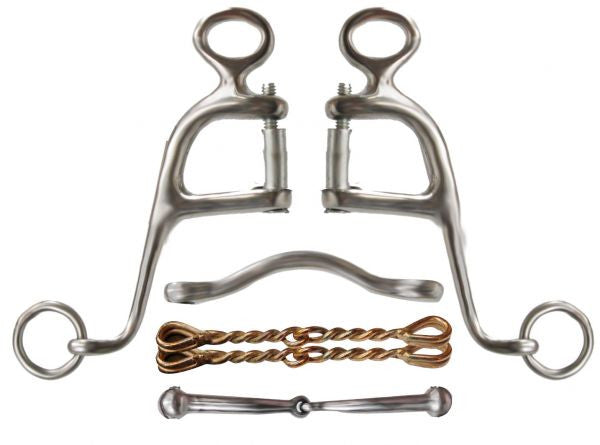 Showman™ stainless steel Walking horse bit with 6" cheeks. This bit comes with four 5" interchangeable mouth pieces as pictured.